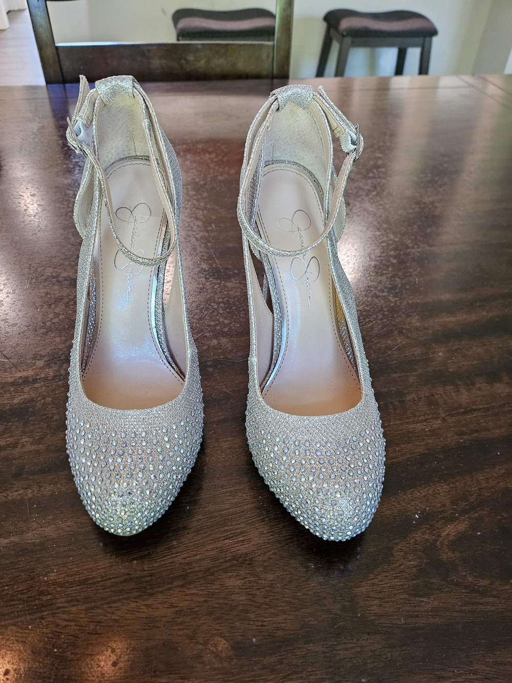 Jessica Simpson Silver Sparkling Embellished High Heel Pumps with Ankle Strap